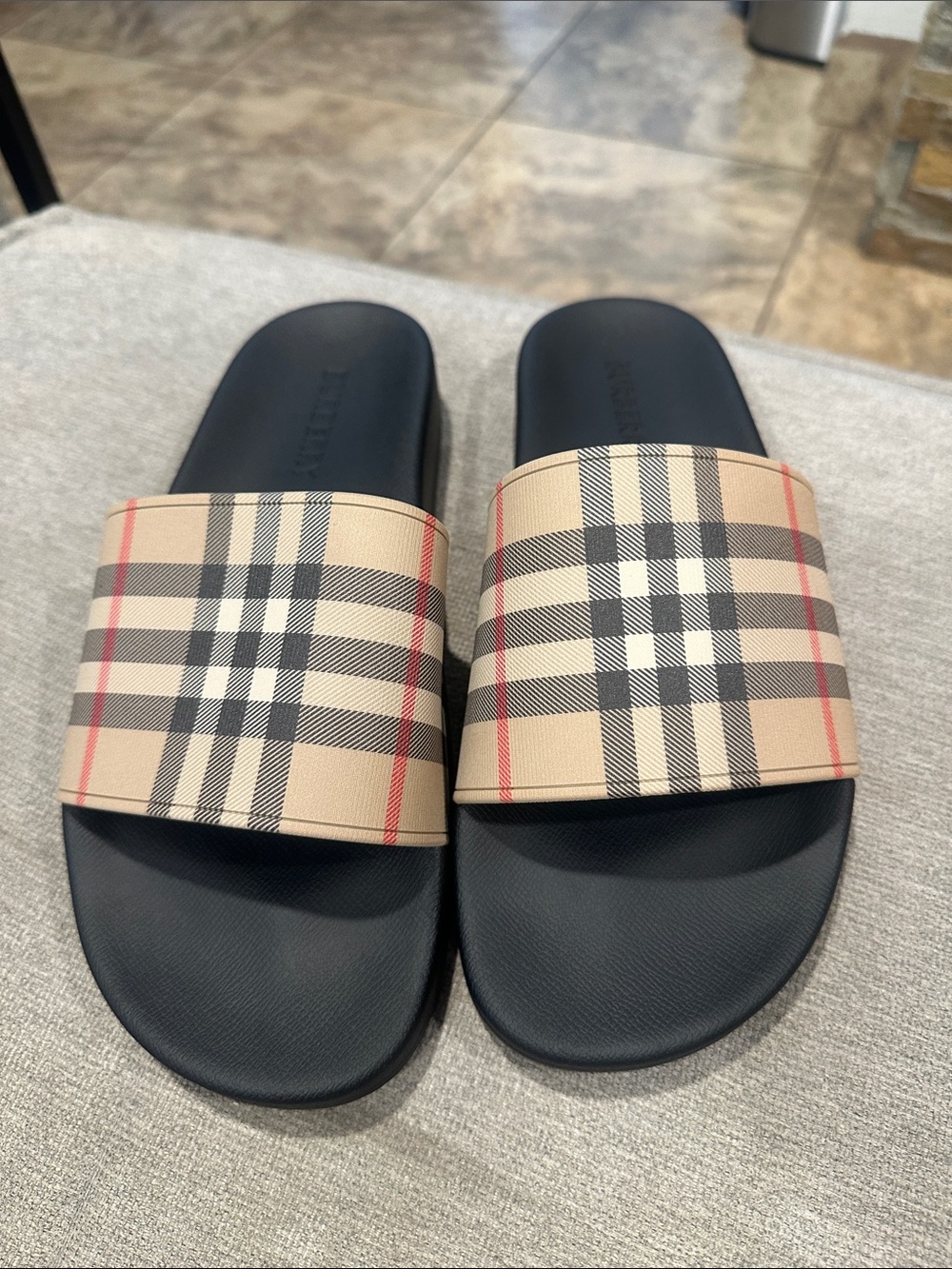 Classic Plaid Slide Sandals - Men (Beige/Black) size 43